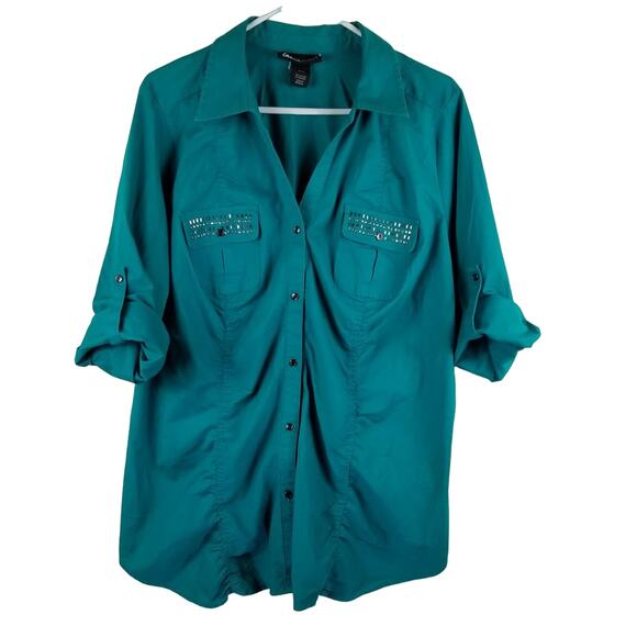 Lane Bryant Turquoise Studded Pocket Design Rolled Sleeves Up/Down Blouse 18/20 - Picture 1 of 4
